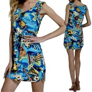 Hawaiian Mini Dress‎ Womens S Blue Coconut Girl Tropical Kilauea Volcano Floral